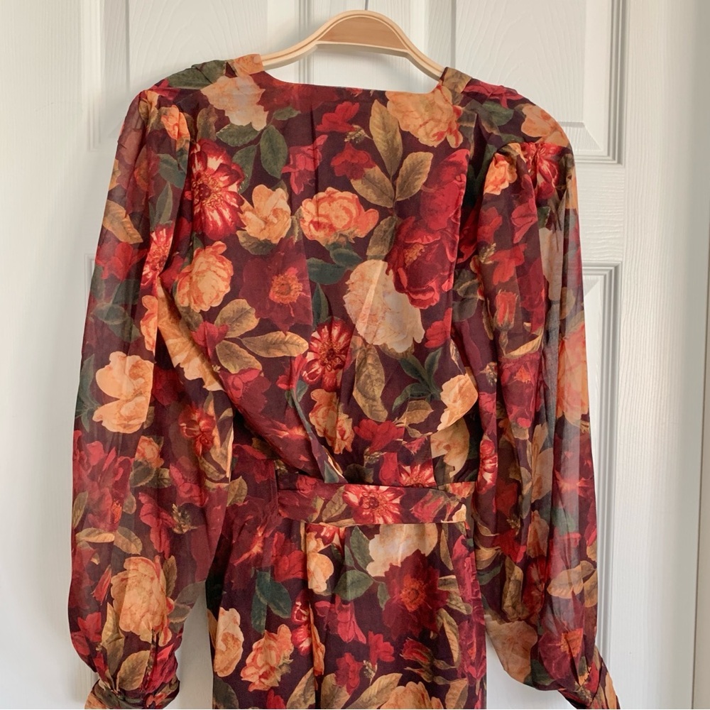 🌾 VICI Red Fall Floral Long Sleeve Asymmetrical Midi Wrap Dress - Picture 6 of 12